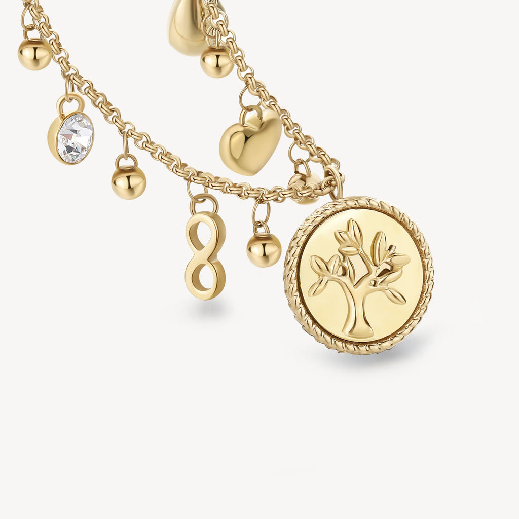 Yellow stainless steel necklace with charms.