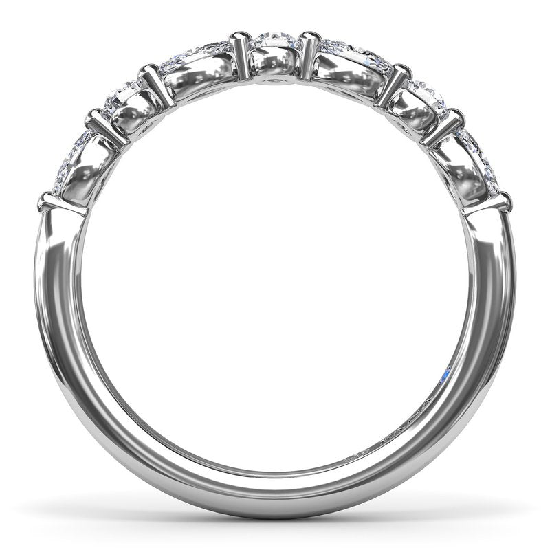 14K white gold band with round diamonds.