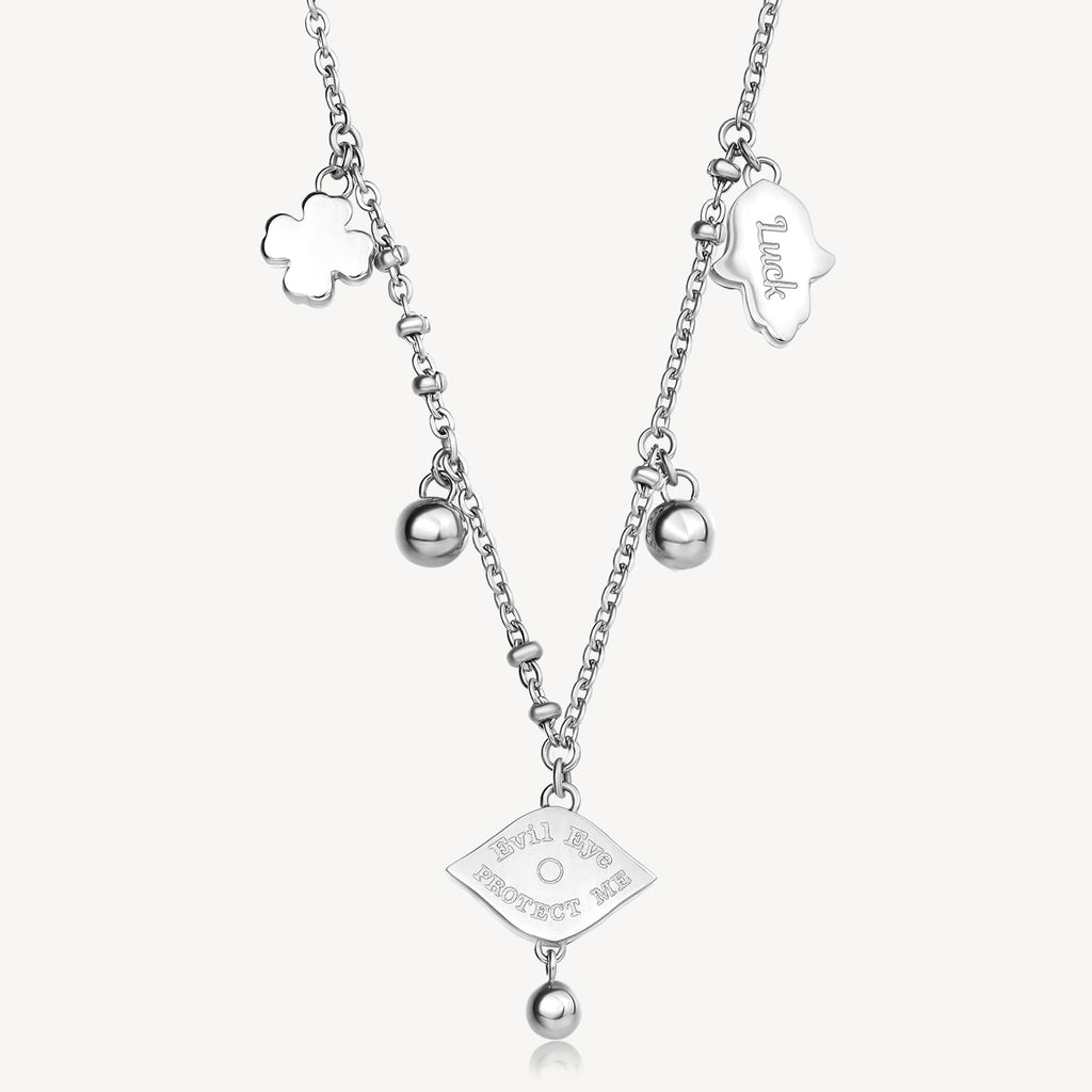 Stainless steel necklace with charms and beads.