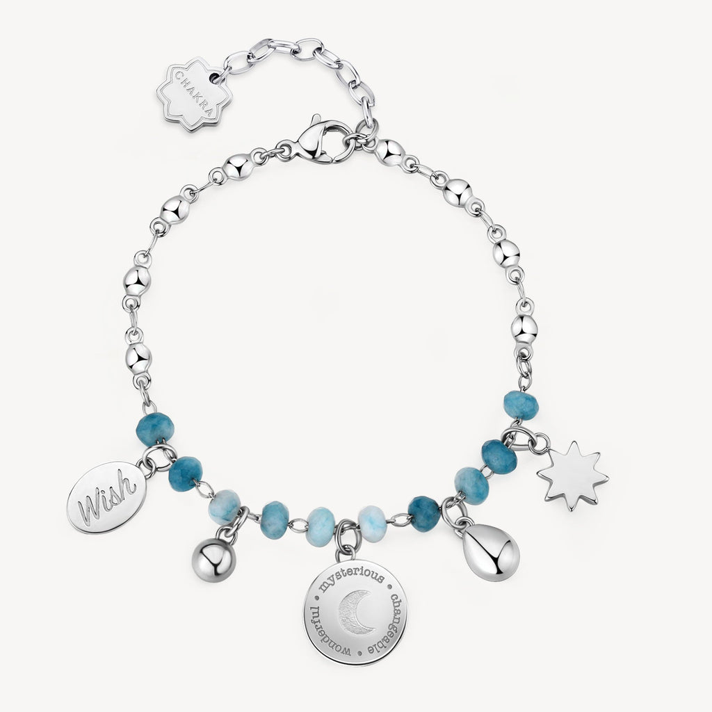 Stainless steel bracelet with blue gemstones.
