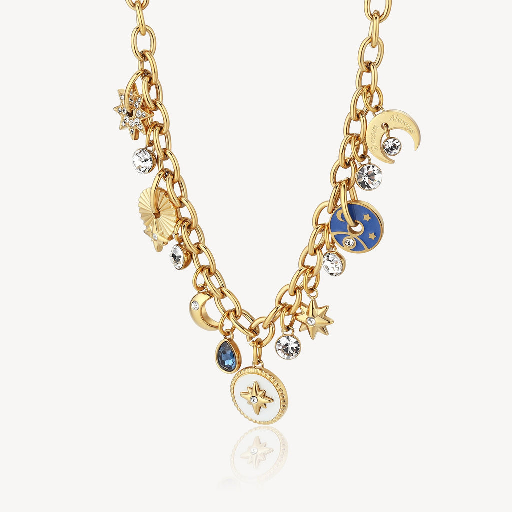 Yellow stainless steel necklace with colorful gemstones.