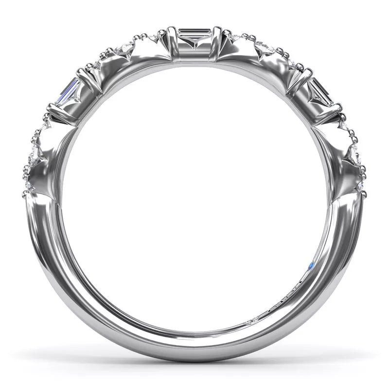 14K white gold band with diamonds, sapphire.