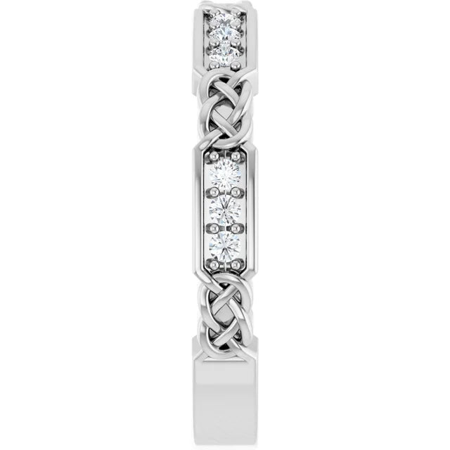 14K white gold band with round diamonds.