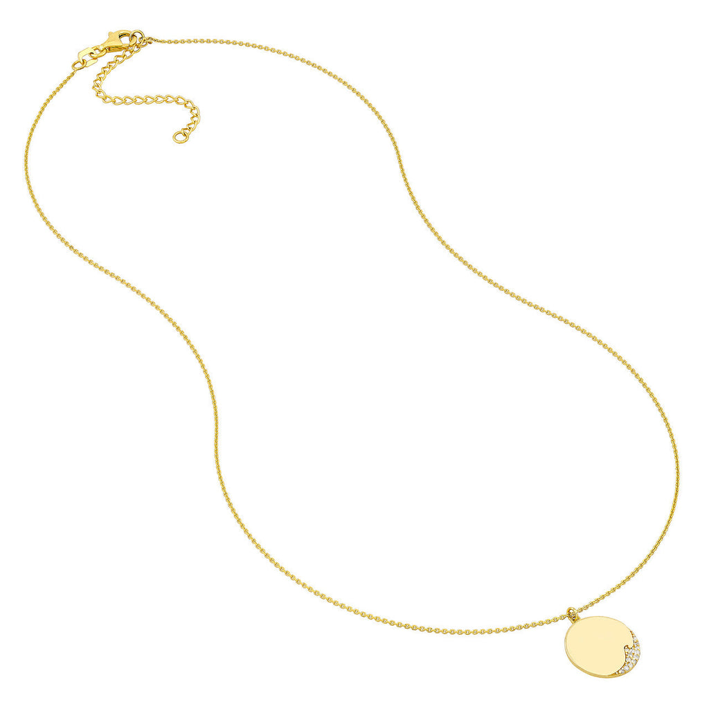 14K gold necklace with round diamond accents.