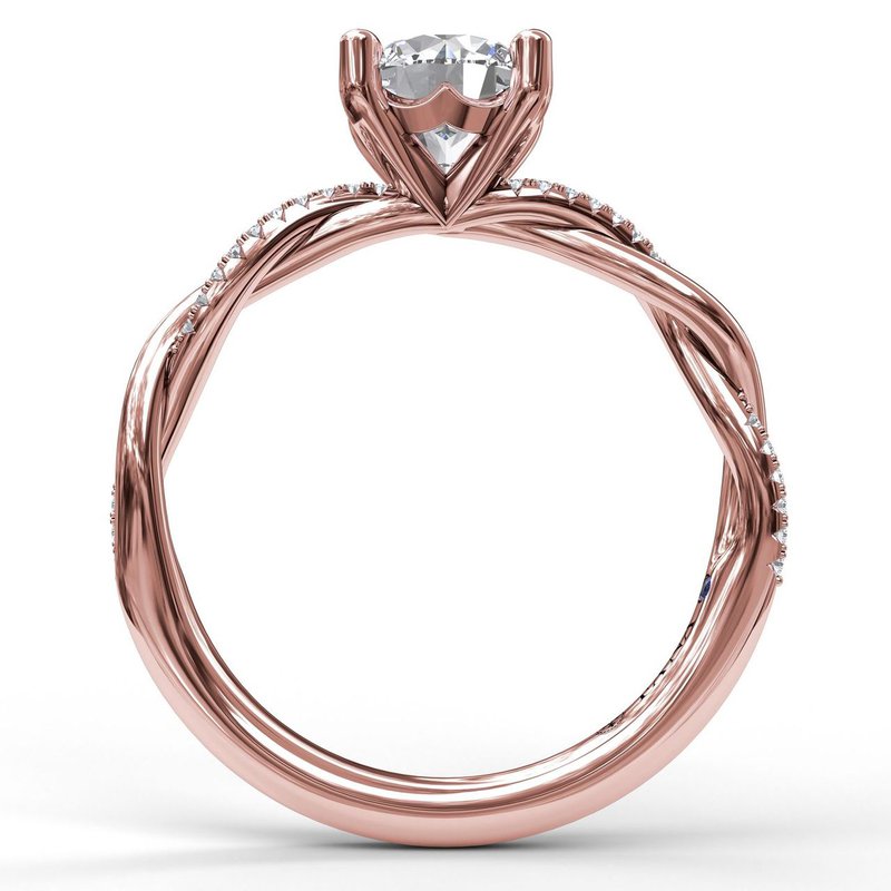 Rose gold ring with round diamond accents.