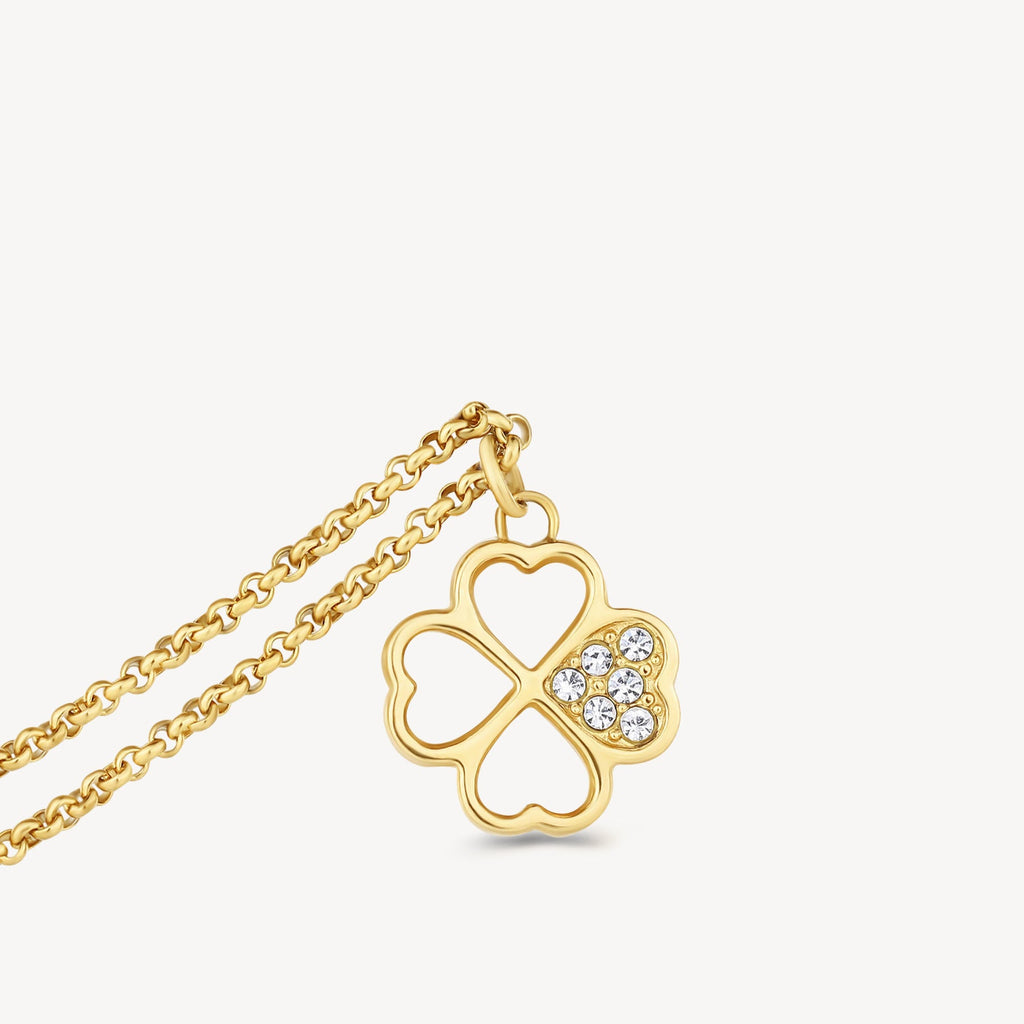 Clover pendant with simulated diamonds, yellow steel.