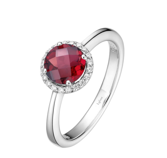 Color Gemstone Ring in Platinum Bonded Sterling Silver White with 1 Round Garnet