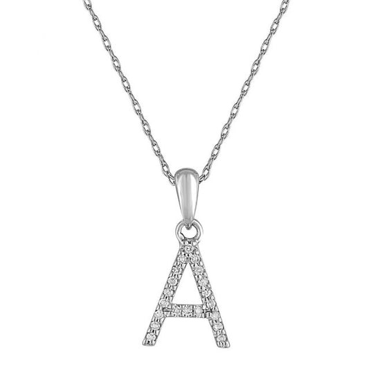 Diamond "A" pendant on white gold chain.