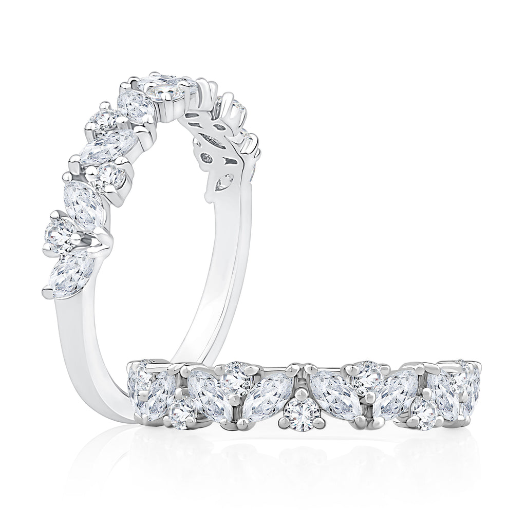 White gold band with various shaped diamonds.
