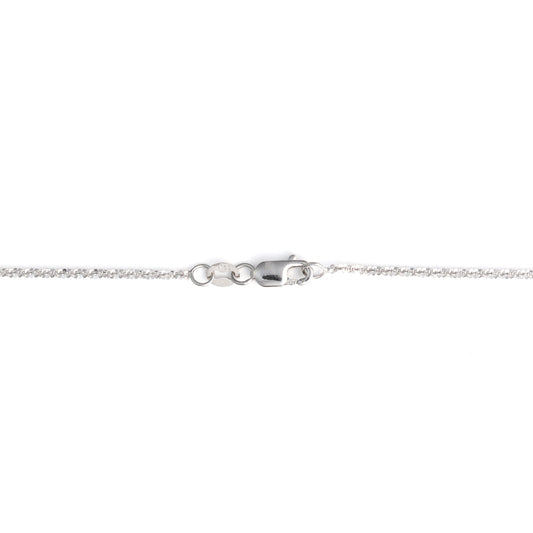 Lobster claw clasp on white gold chain.
