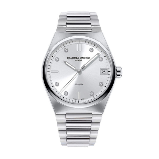 Silver watch with diamond accents.