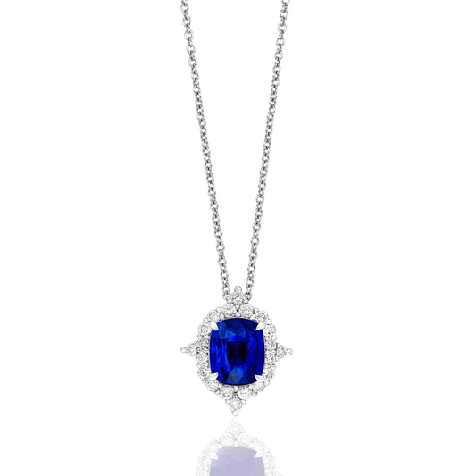 Pendant Color Gemstone Necklace in 14 Karat White with 1 Cushion Sapphire 3.01ctw