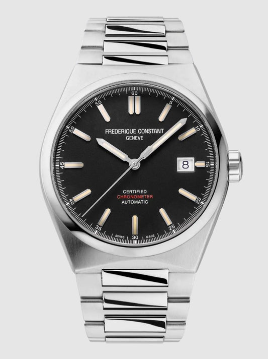 Frederique Constant stainless steel watch, black dial.