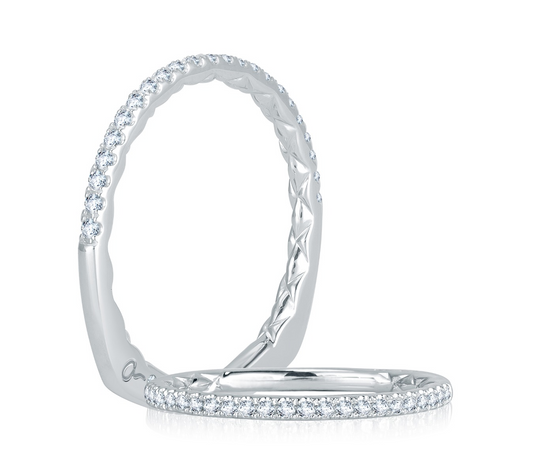 14K white gold band with round diamonds.