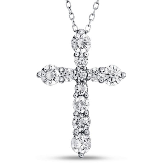 Diamond cross pendant on white gold chain.