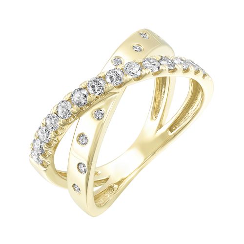 Yellow gold ring with round diamond accents.