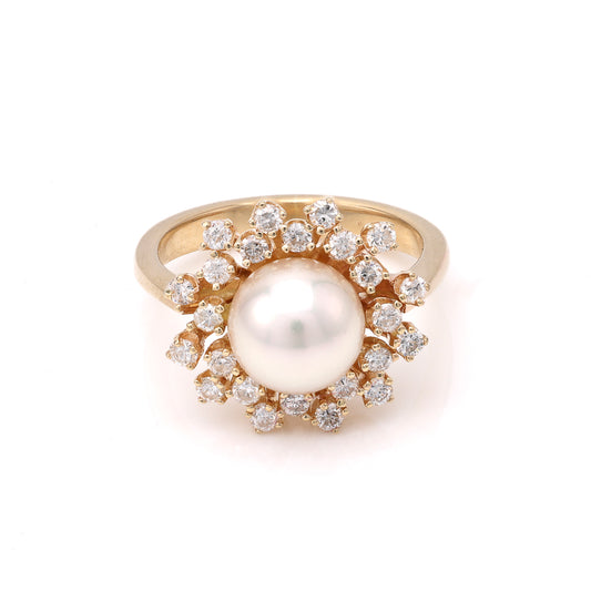 14K gold ring with pearl, diamond halo.