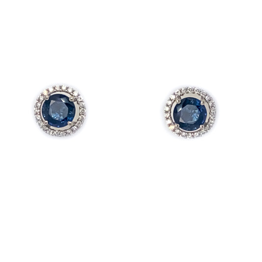 Round sapphire stud earrings with diamond halo.