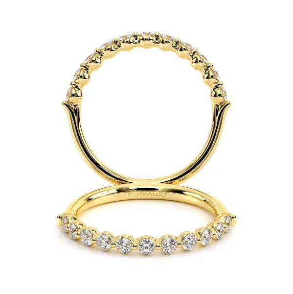 Yellow gold band with round diamonds.