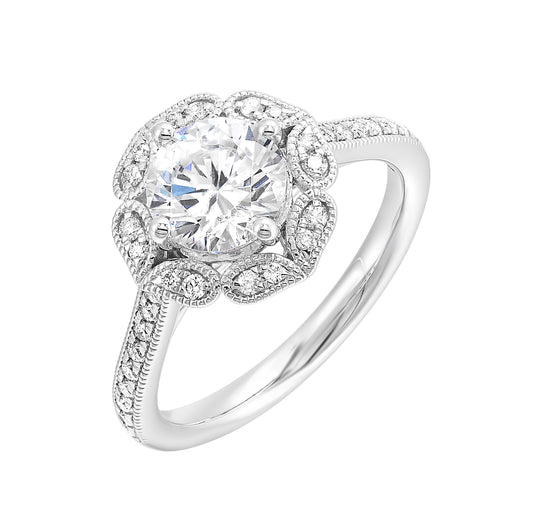 Halo floral diamond ring in white gold.