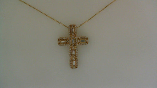 Diamond cross necklace with yellow gold chain.