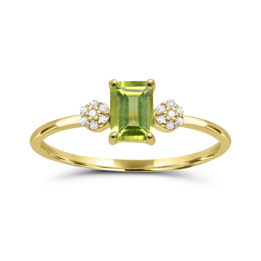 Emerald-cut Peridot ring with diamonds.
