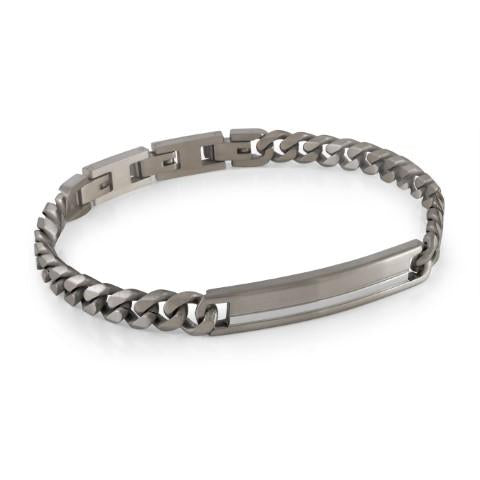 Stainless steel curb link bracelet, polished finish.