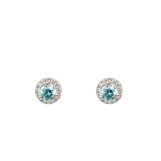 Blue zircon earrings with diamond halo.