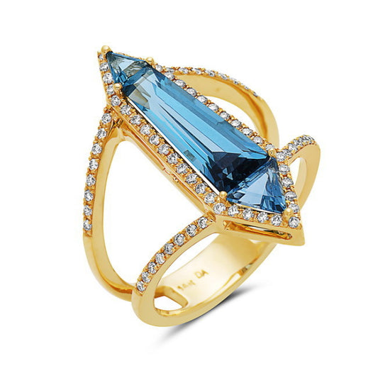 Color Gemstone Ring in 14 Karat Yellow with 3 Various Shapes Blue Topazes 2.45ctw
