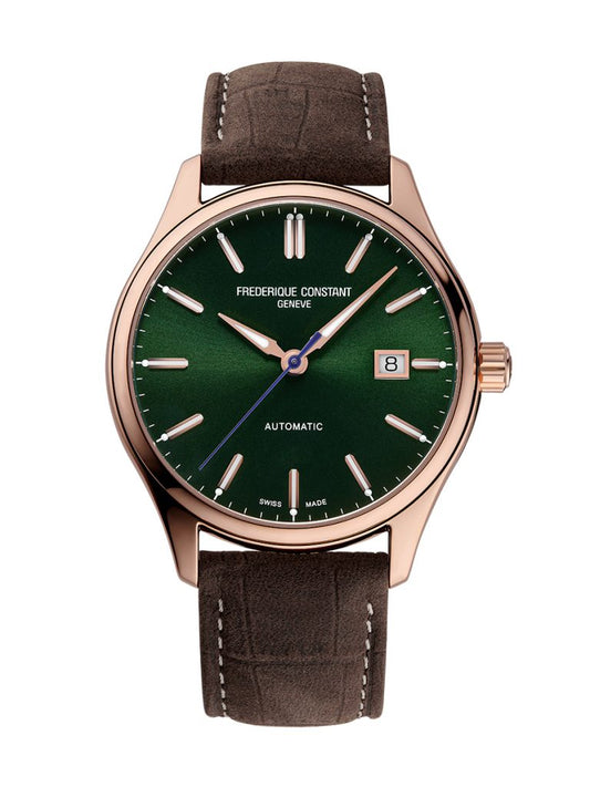 Green dial, brown leather strap, stainless steel case.