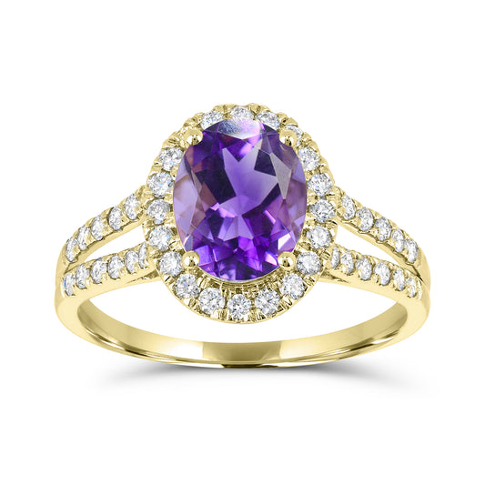 Oval amethyst ring with zircon accents.