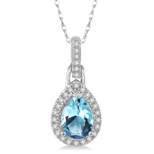 Pendant Color Gemstone Necklace in 10 Karat White with 1 Pear Aquamarine 7mm-7mm