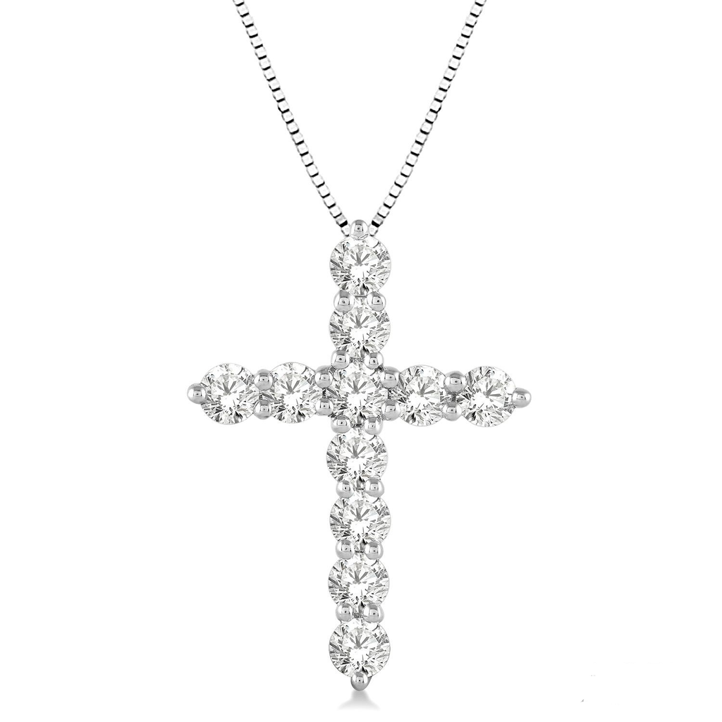 Cross-shaped diamond necklace in white gold.