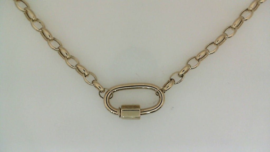 Gold chain necklace with oval link centerpiece.