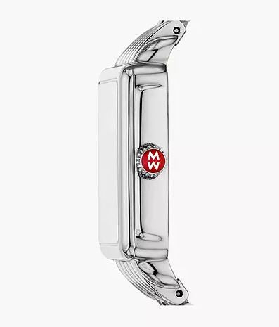 Stainless steel watch with red crown detail.