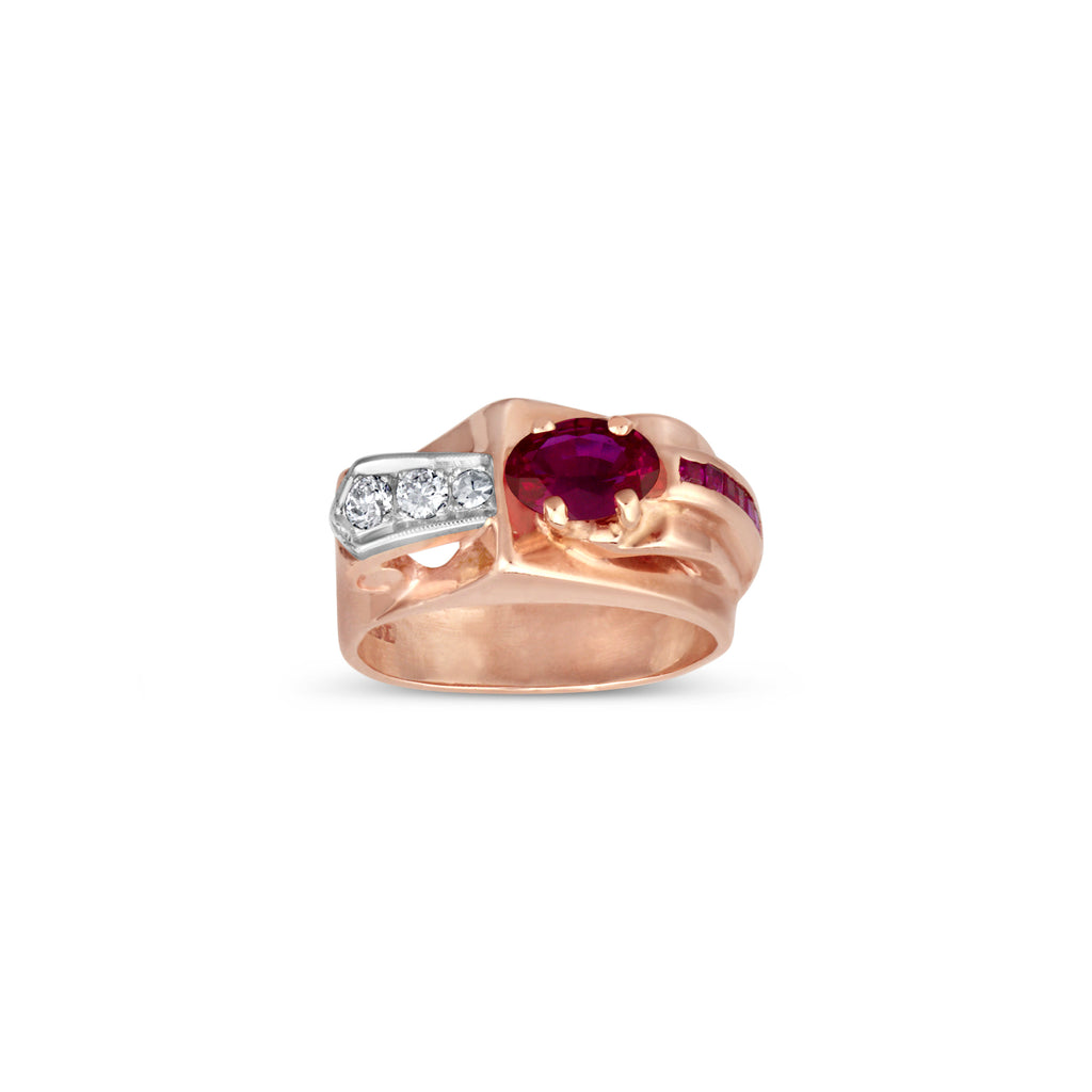 14K Rose Gold Platinum Diamond Synthetic Oval Ruby and Natural Ruby Ring