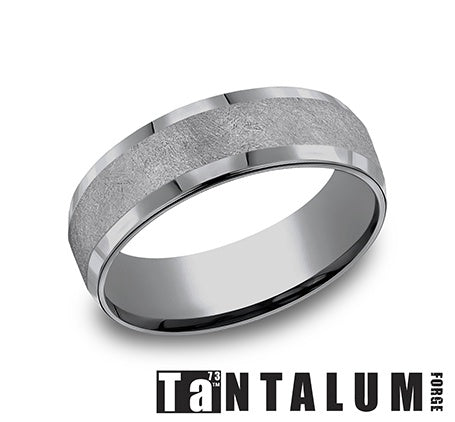 Tantalum grey band, polished-brushed, carved design.