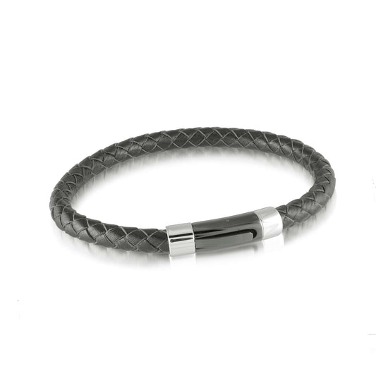 Braid Bracelet (No Stones) in Stainless Steel - Leather Black