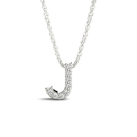 Diamond initial "J" necklace in white gold.