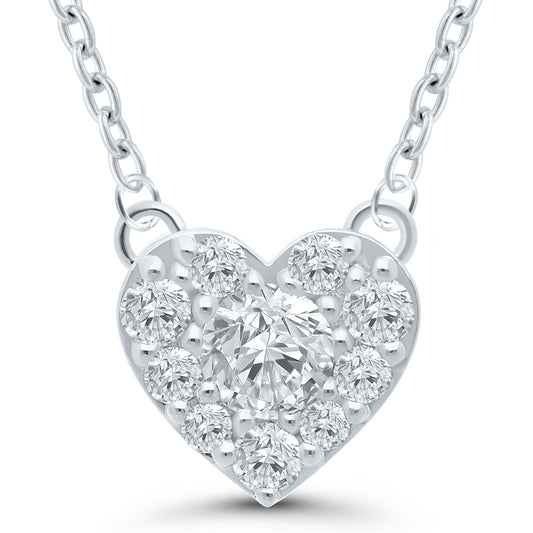 Heart-shaped diamond necklace, white gold, round diamonds.