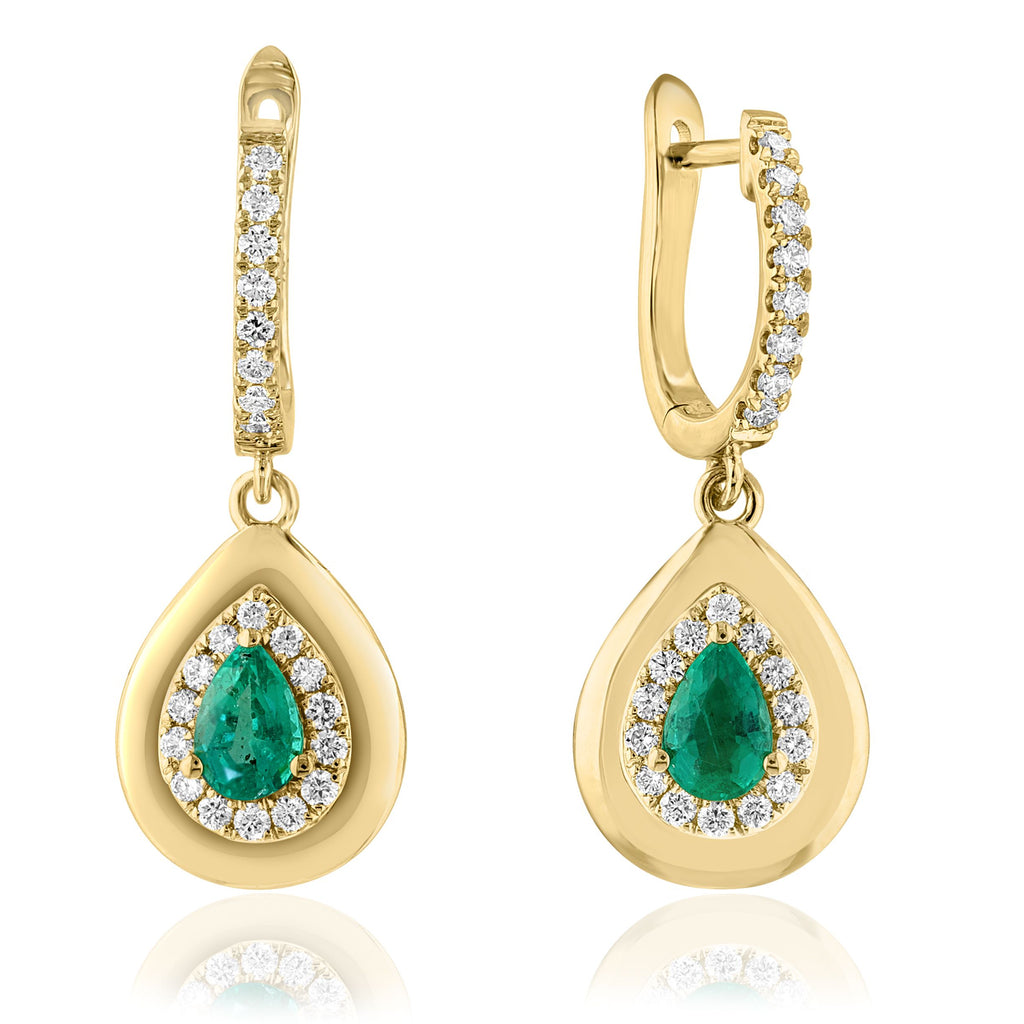 Dangle Color Gemstone Earrings in 18 Karat Yellow with 2 Pear Emeralds 0.73ctw