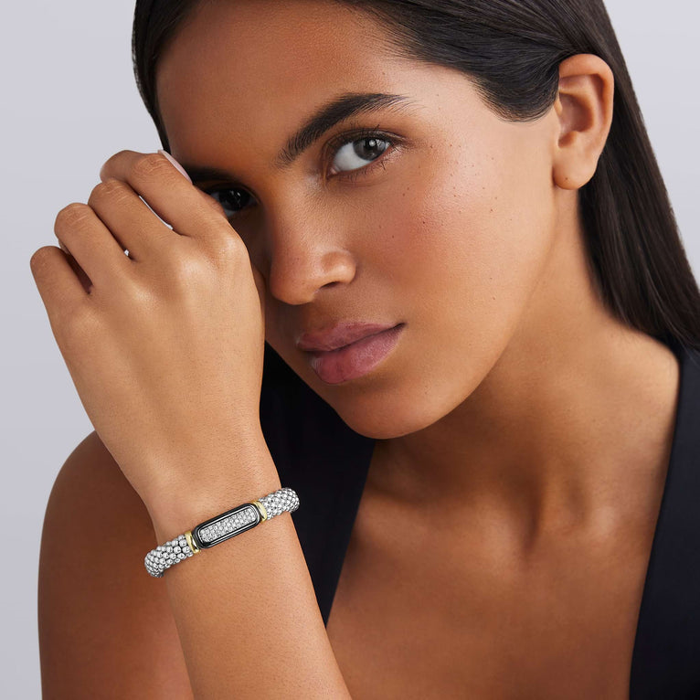 Sterling silver diamond caviar rope bracelet.