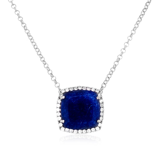 Cushion-cut blue gemstone necklace in silver.