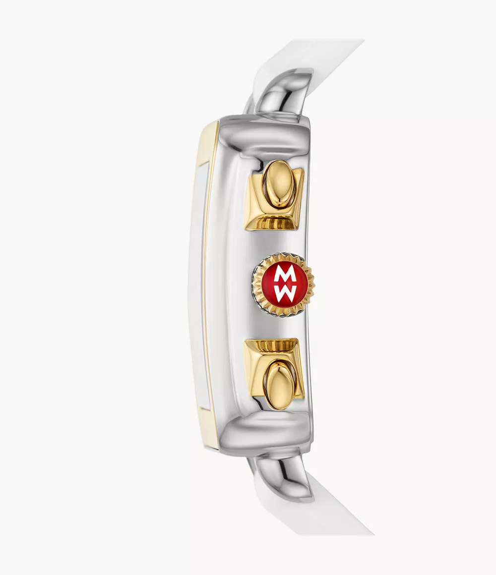 Stainless steel watch with gold accents.