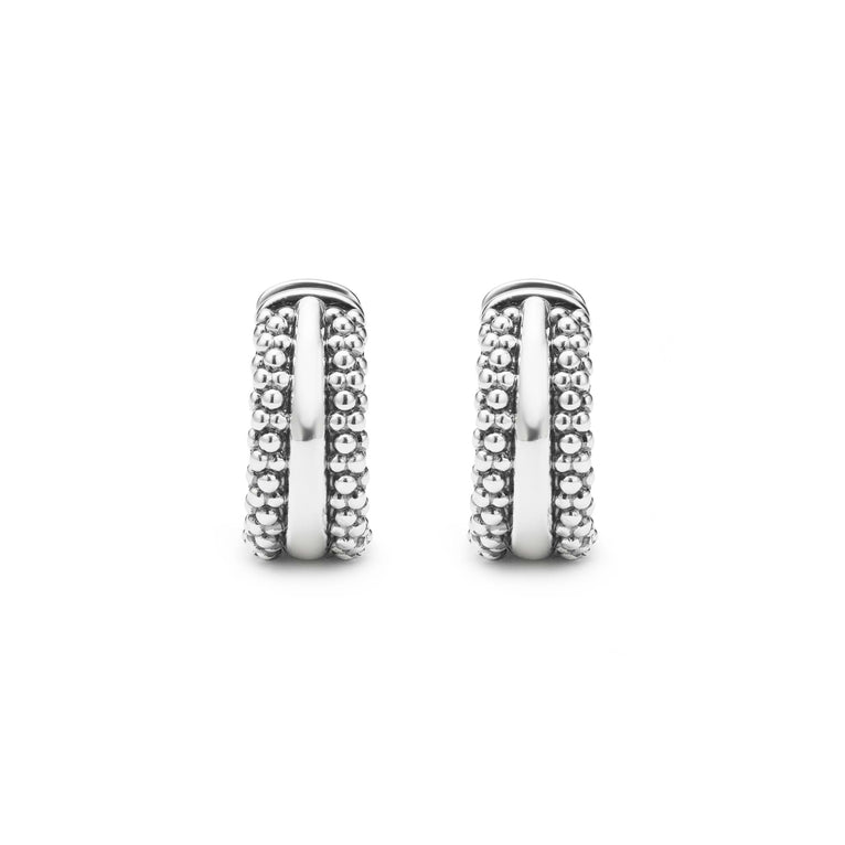Sterling silver huggie earrings with beaded design.