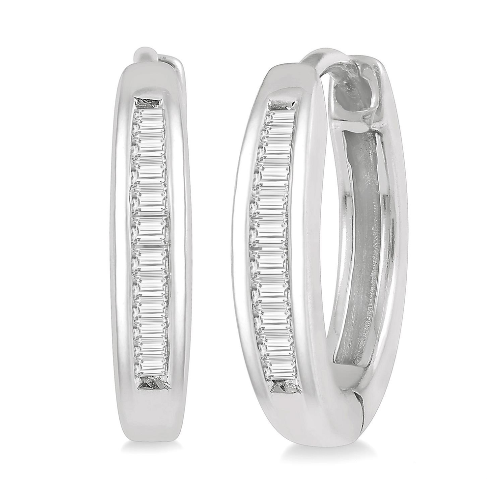 Huggie Earth Mined Diamond Earrings in 10 Karat White with 0.10ctw Baguette Diamonds