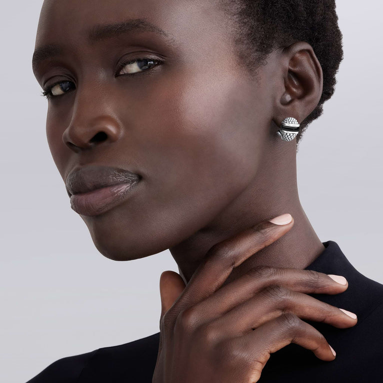 Sterling silver button earrings, white-black ceramic.