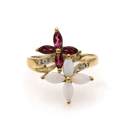 Marquise pink tourmaline and opal gold ring.