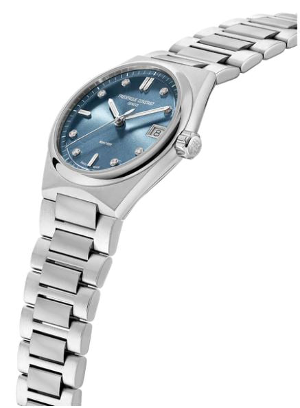 Stainless steel watch with blue dial, diamonds.