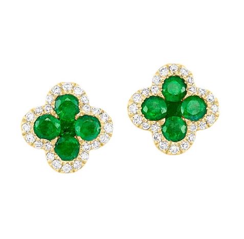 Emerald and diamond stud earrings in yellow gold.
